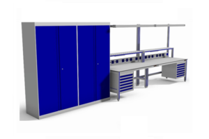 gekoppelde werktafels met verlichting, kasten