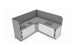 spoeltafel met spoelbakken, kraan, spatscherm, schuifdeurkast onder