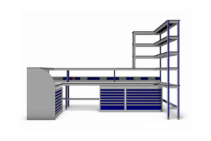 hoekopstelling met ontvangstbalie, schuifladekasten en opbergrek
