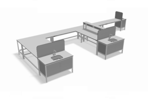 laboratorium eiland, spoelbakken, kranen, spatschermen