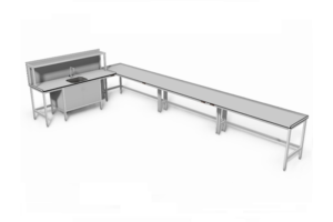 laboratorium hoekopstelling met spoelbak, kraan en spatscherm