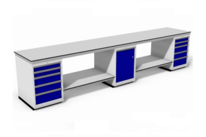 vlakke werktafel gebouwd op ladeblokken incl. onderbladen