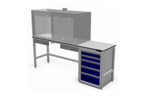 werktafel met afzuigkast en schuifladekast