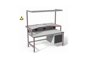ESD-veilige werktafel met diepe opstand, energiegoot, verlichting en ladeblok
