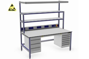 ESD-veilige werktafel met twee opstanden, energiegoot en twee ladekast