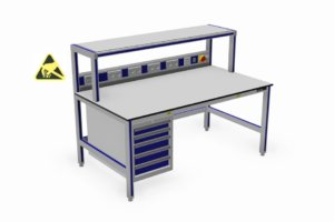 ESD-veilige werktafel met opstand, energiegoot en ladekast