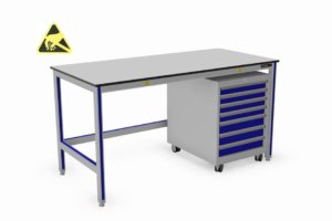 ESD-veilige vlakke werktafel met verrijdbare schuifladekast