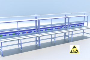 ESD-veilige opstelling met dubbele opstand, energiegoot en verlichting