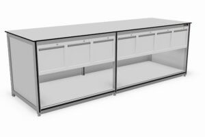 uitgifte balie voorzien van 7 schuifladekasten