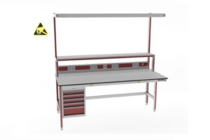 ESD-veilige opstandtafel met ladeblok, energiegoot en LED-verlichting
