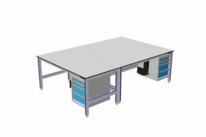 werkeiland met drie ladeblokken en PC-houder