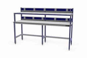 ondiepe testtafel (600 mm) met twee werkbladen elk met energiegoot