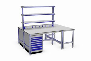 werkeiland met drie opstanden, energiegoot en schuifladekasten