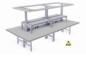 ESD-veilig werkeiland met opstanden, verlichting en energiegoten