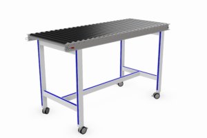 verrijdbare werktafel voorzien van een koppelbare rollenbaan