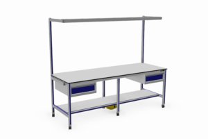 verrijdbare werktafel met onderblad, haspel en o.a. twee schuifladen