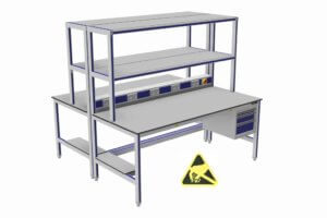 gekoppelde ESD-veilige werktafels met dubbele opstand