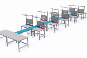 complete assemblagelijn incl. o.a. bakjesrails, gereedschapsborden e.d.