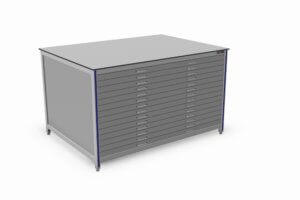 Schuifladekast “OP MAAT” 14 schuifladen, ca. 80% uitschuifbaar, nuttige hoogt 35 mm