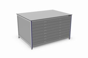 Schuifladekast “OP MAAT” 8 schuifladen, ca. 80% uitschuifbaar, nuttige hoogt 75 mm